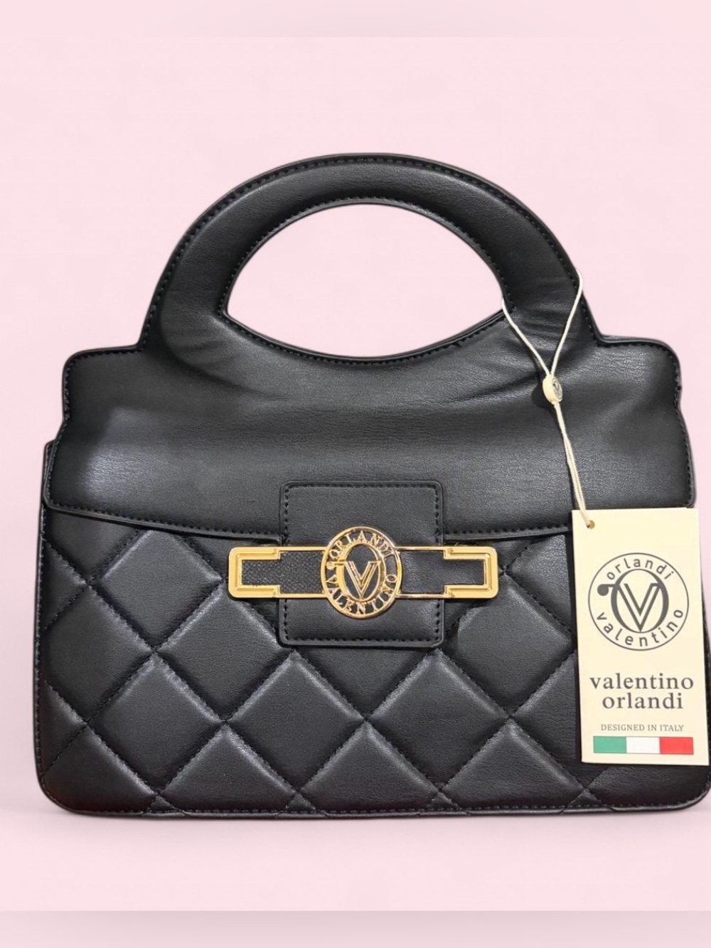 Valentino Orlandi Black Quilted Leather Top-Handle Satchel with Gold Hardware